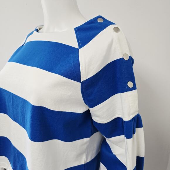 Maeve Anthropologie Sweatshirt Size S Blue Stripe Button Shoulder Puff Sleeve - Picture 2 of 8